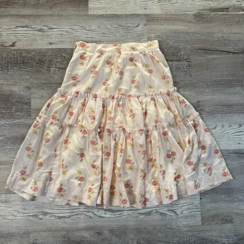 Vintage 90s Pink Floral Tiered Prairie Midi Skirt Cottagecore Coquette Boho S